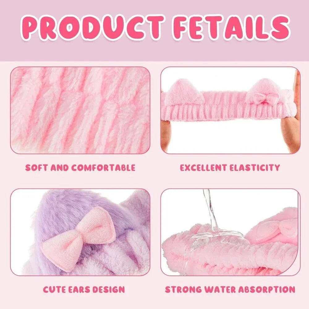 Spa Headband Wristband Set Cat Ear Coral Fleece Face Wash Makeup Gift